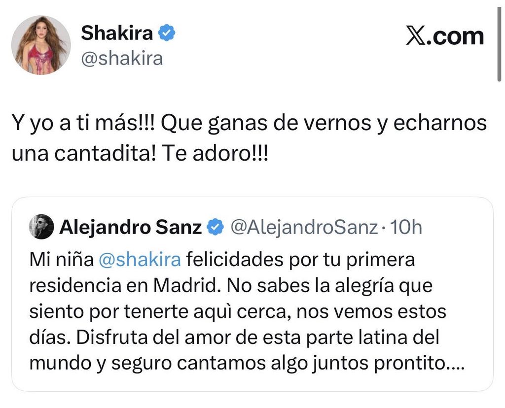 La interacción entre Alejandro Sanz y Shakira en X tras su primer concierto en Madrid