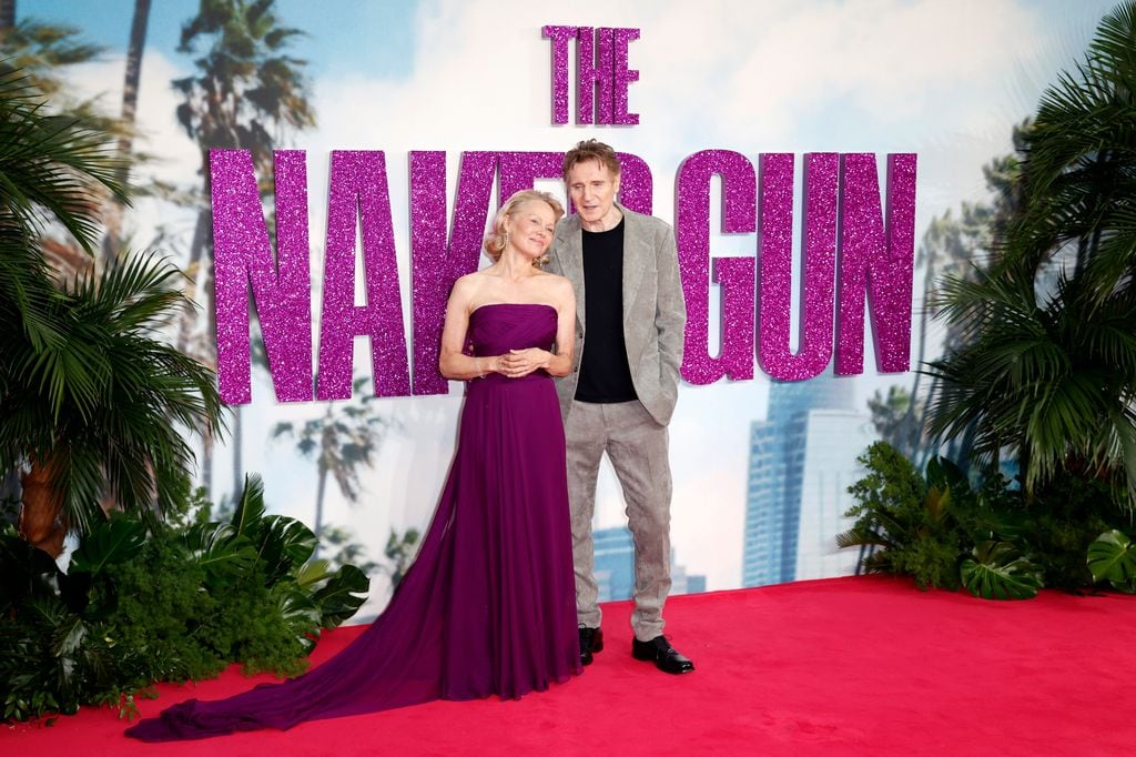 LONDON, ENGLAND - JULY 22: Pamela Anderson and Liam Neeson attend "The Naked Gun" UK Premiere at Cineworld Leicester Square on July 22, 2025 in London, England. (Photo by John Phillips/Getty Images)