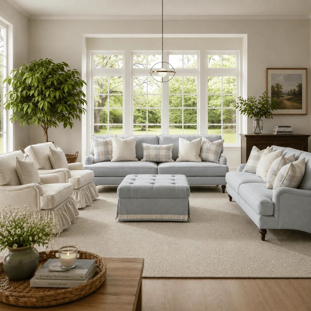 Salón clásico decorado en blanco y azul