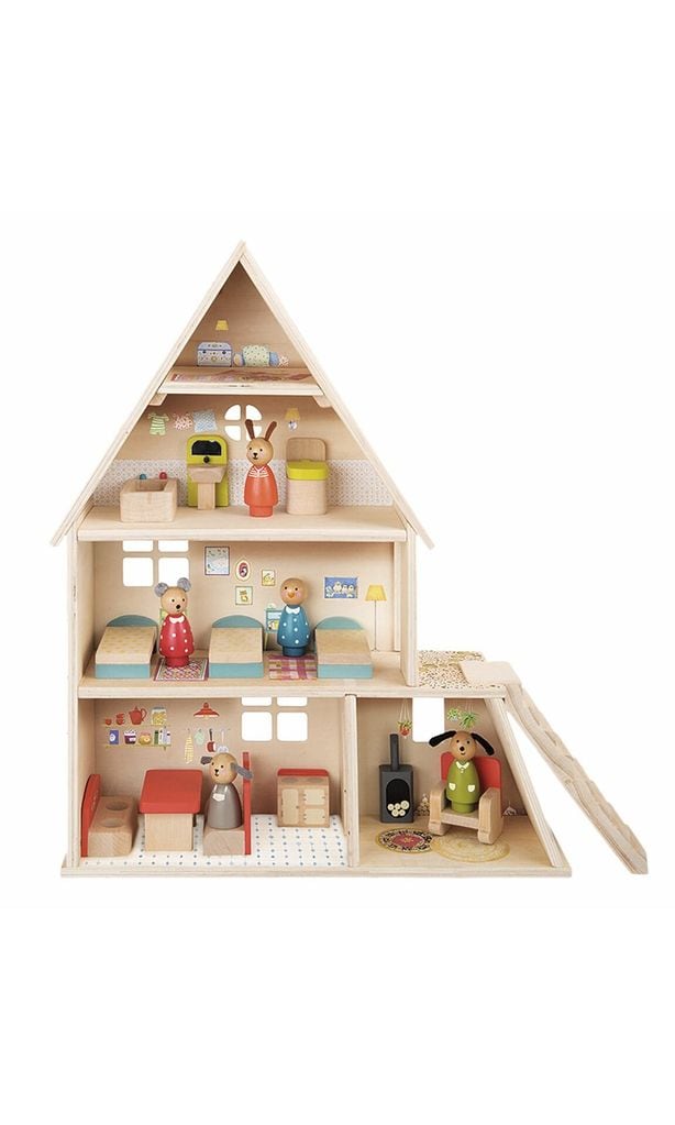 Casita de madera para muñecos con cuatro alturas, mobiliario y miniaturas (c.p.v.), de Moulin Roty.