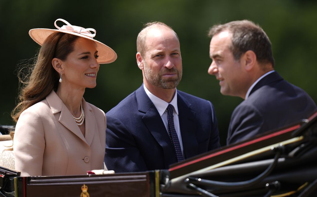 WINDSOR, ENGLAND - JULY 8: Catherine, Princess of Wales and Prince William, Prince of Wales ride with with Sebastien Lecornu, Minister for the Armed Forces in the carriage procession to Windsor Castle ahead of the Ceremonial Welcome for the state visit to the UK of the President of France Emmanuel Macron and his wife Brigitte Macron at Windsor Castle on July 8, 2025 in Windsor, England. President Emmanuel Macron and Mrs Brigitte Macron visit the UK in the first visit State Visit made by France in 17 years. They are staying at Windsor Castle, hosted by King Charles III and Queen Camilla, and a banquet will be held there in their honour. The Macrons will visit Imperial College, and the President will address Parliament during his stay.  (Photo by Andrew Matthews - WPA Pool/Getty Images)