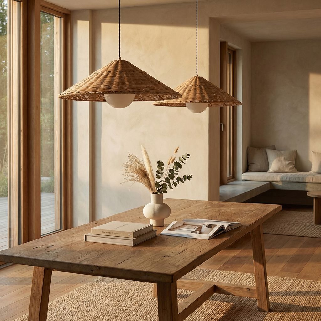 Comedor con mesa de madera y lámparas de fibra