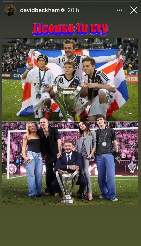 "License to cry", se lee en este collage en el que aparecen dos imágenes muy diferentes; David Beckham celebrando la Copa de la MLS con sus hijos, pero con la gran ausencia de Brooklyn.