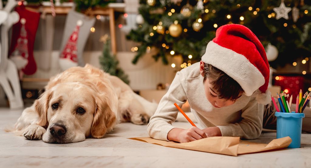 Niño escribiendo al lado de su perro en Navidad
