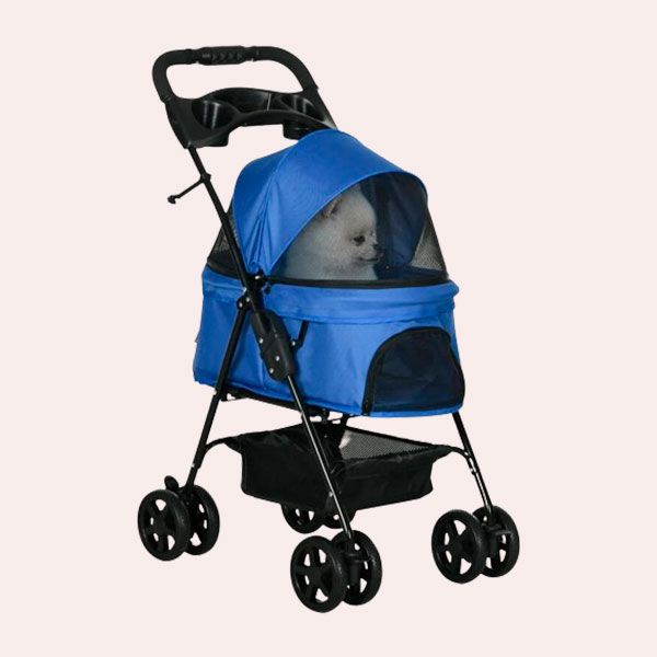 EL MEJOR PARA PERROS PEQUEÑOS: PAWHUT COCHECITO PLEGABLE AZUL PARA MASCOTAS