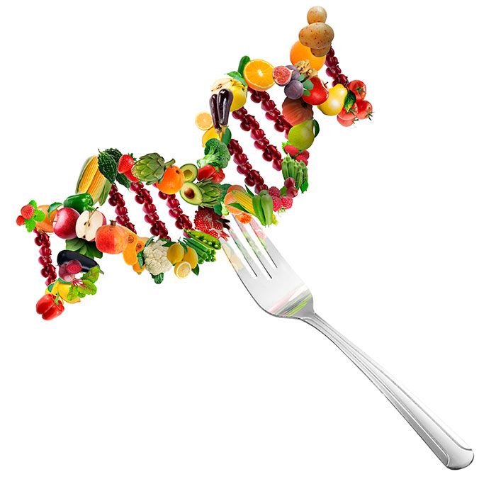 representación de genética y alimentos con un tenedor