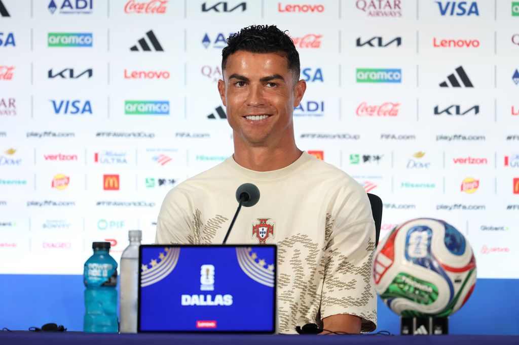 ARLINGTON, TEXAS - JULY 05: Cristiano Ronaldo #7 of Portugal speaks to the media during the press conference of Winner Match 83 one day ahead of the FIFA World Cup 2026 Round Of 16 match between Winner Match 83 and Winner Match 84 at Dallas Stadium on July 05, 2026 in Arlington, Texas. (Photo by Stacy Revere/Getty Images)