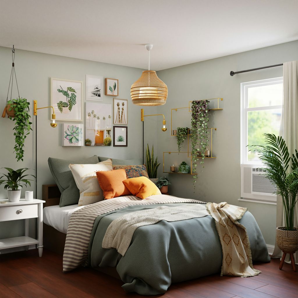 Dormitorio con decoración natural y gran número de plantas