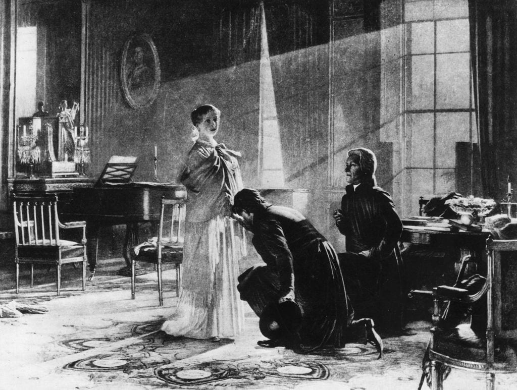 Esta pintura recrea el 20 de junio de 1837 en el que a la princesa Victoria, con 18 años recién cumplidos y a las 6 de mañana, le comunican, mientras ella todavía está en camisón, que su tio ha muerto y ella es la reina. Pintura de H G Well