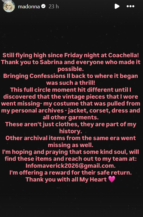 Madonna denunció que parte de su vestuario vintage se perdió tras su presentación en Coachella. 