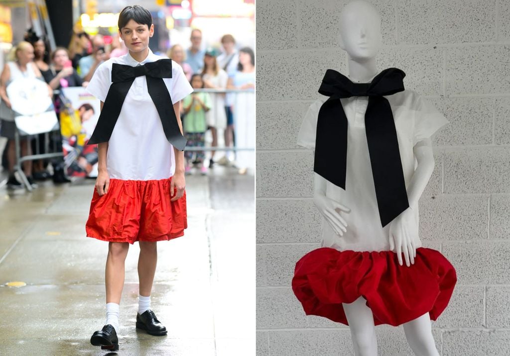 Emma Corrin con un vestido de Freddy Coomes junto a la versión original de la pieza 