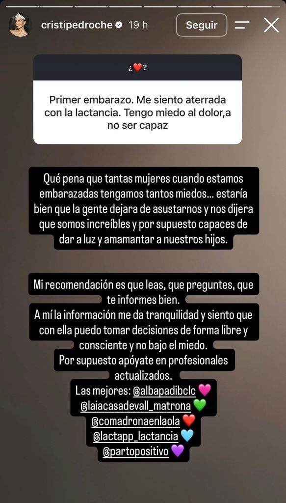 Story de Cristina Pedroche hablando de lactancia