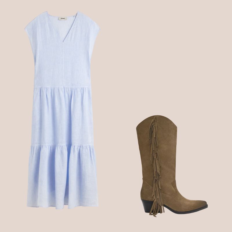 vestido azul de lino con botas y flecos