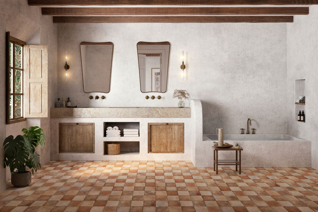 Cuarto de baño con suelo efecto terracota