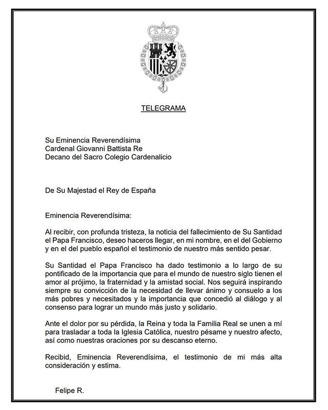 El mensaje de Casa Real a propósito del deceso del Papa Francisco VI