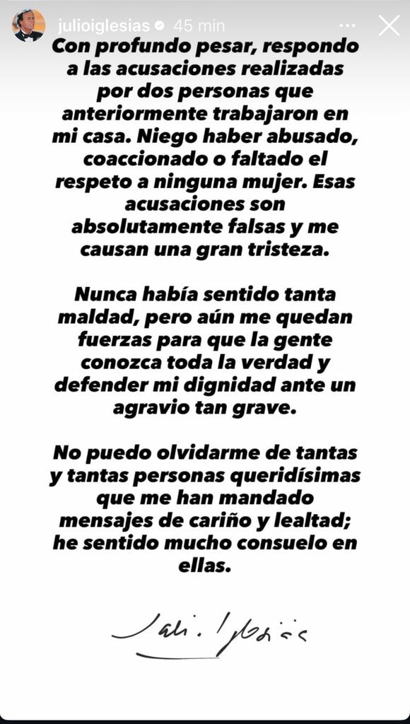 El mensaje íntegro de Julio Iglesias compartido en sus redes sociales.
