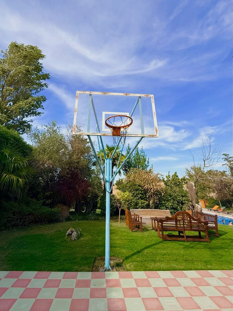 Vista de la canasta de baloncesto y la piscina de la casa de Almodóvar