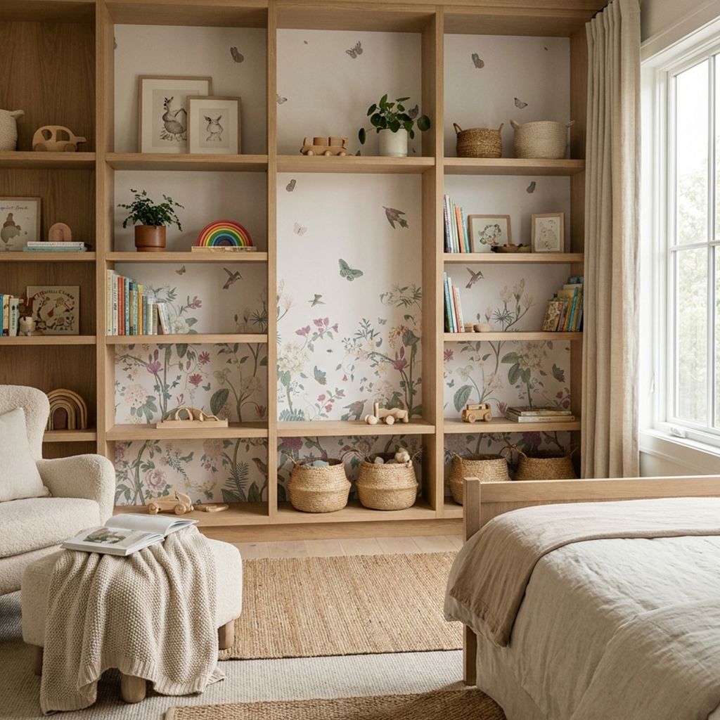 Dormitorio decorado con materiales naturales y mural de mariposas