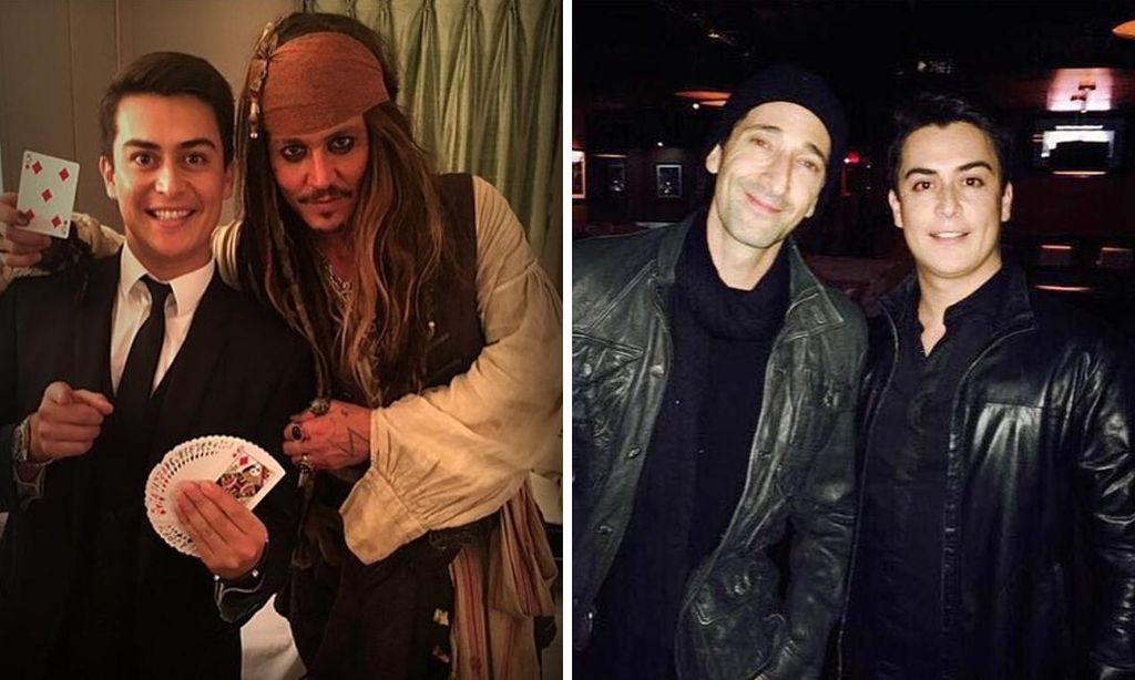 
Sobre estas líneas, a la izquierda, Di Giacomo con el actor Johnny Depp, junto a quien representó un inesperado espectáculo en Ibiza. A la derecha, con el actor Adrien Brody, quien también se encuentra entre sus admiradores.
