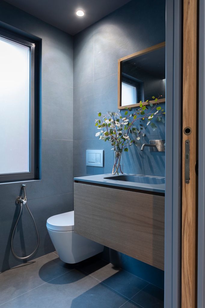 Baño pintado en azul grisáceo. 