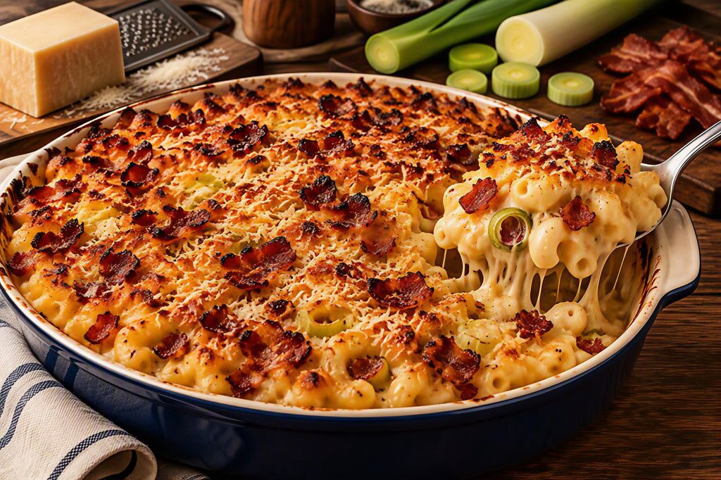 Macarrones con bacon, puerro y queso