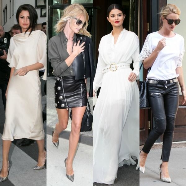 Versus de estilo 'día y noche' en blanco y negro y con los mismos zapatos plateados. Cortesía de Rosie Huntington-Whiteley y Selena Gómez.
