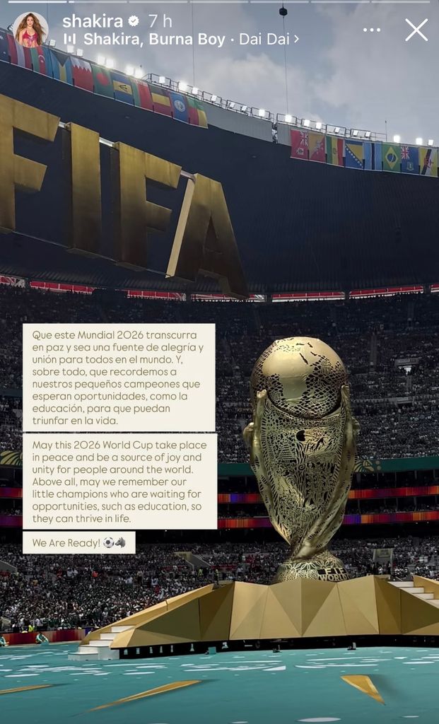 Shakira expresó un mensaje deseando que este Mundial se llevara a cabo en paz.