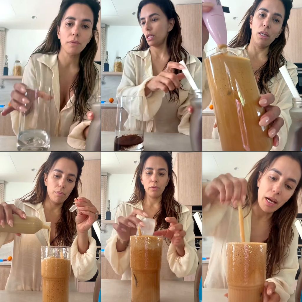La actriz, en distintos momentos de la preparación de su café helado con sirope de plátano.
