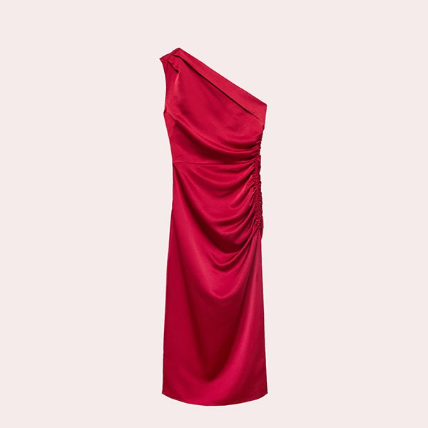 Vestido Asimétrico Satinado Fruncido Lateral de Mango