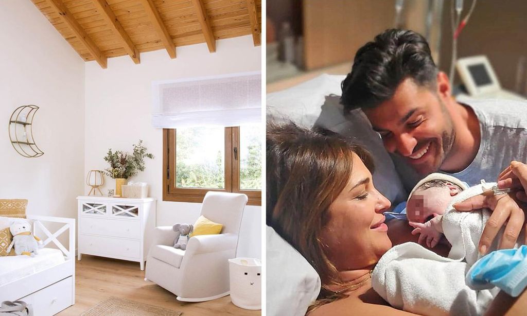 
Arriba, Paula en la habitación de Miki, en tonos blanco y mostaza, sentada en una cómoda butaca. Destacan la cama nido, la cómoda para la ropita del bebé y la escalera, a la izquierda, una original solución de almacenaje de Banak Importa para las cremitas, los pañales o las colonias. A la izquierda abajo, la imagen que compartió la actriz para anunciar el nacimiento de su hijo, el pasado abril. A la derecha, la imagen que compartió la actriz para anunciar el nacimiento de su hijo, el pasado abril.
