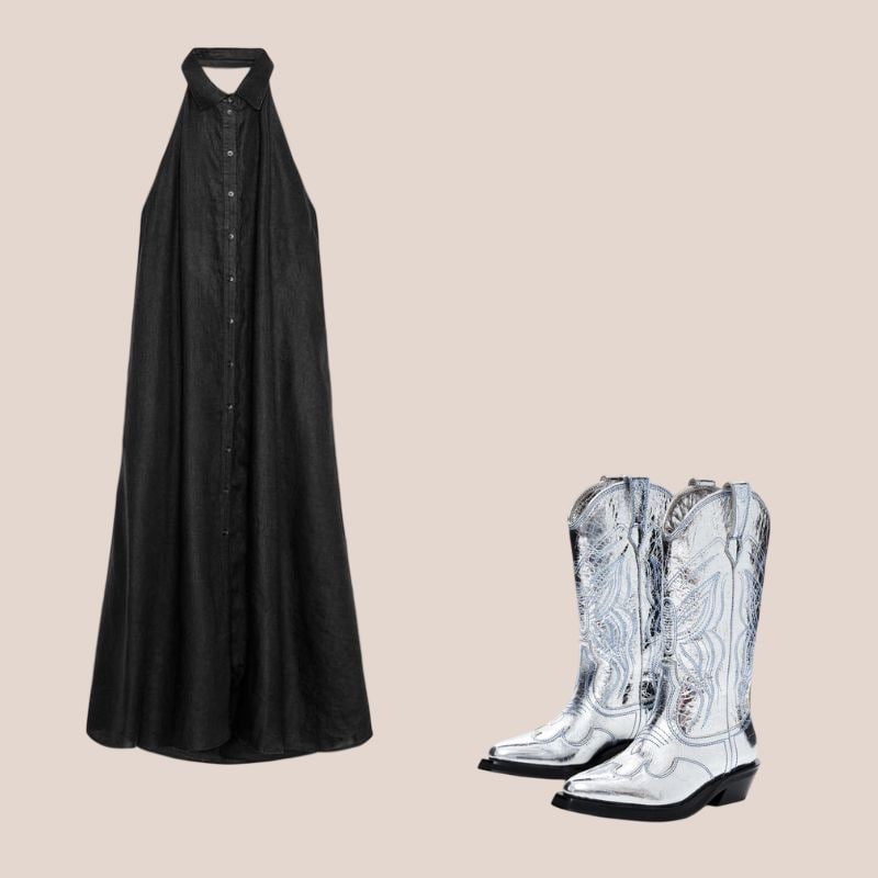 vestido negro halter con botas metalizadas