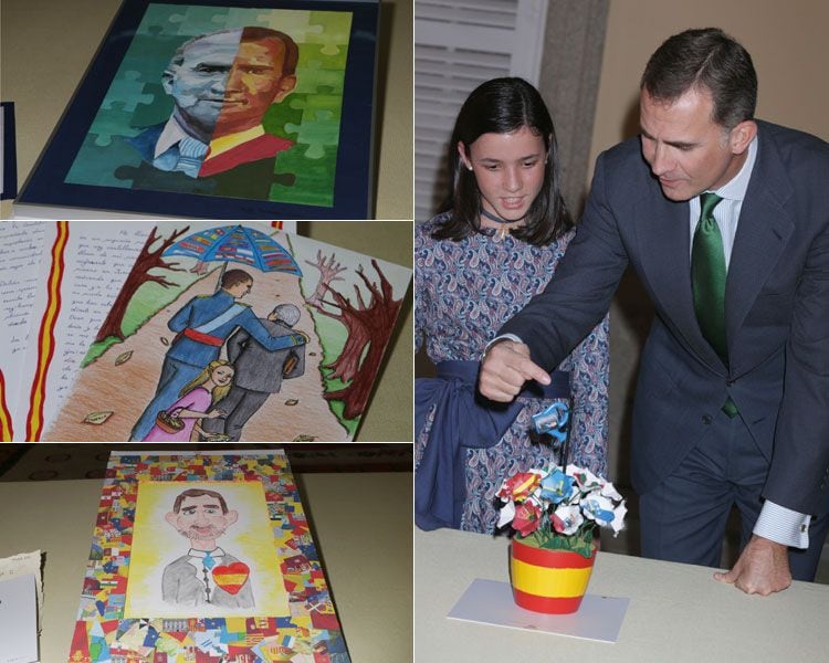 Uno de los trabajos que más ha llamado la atención del monarca ha sido una maceta en la que cada flor, hecha con papel, tiene pintados los colores de una comunidad autónoma, mientras que la imagen del Rey es la regadera que lleva el agua a todas ellas
