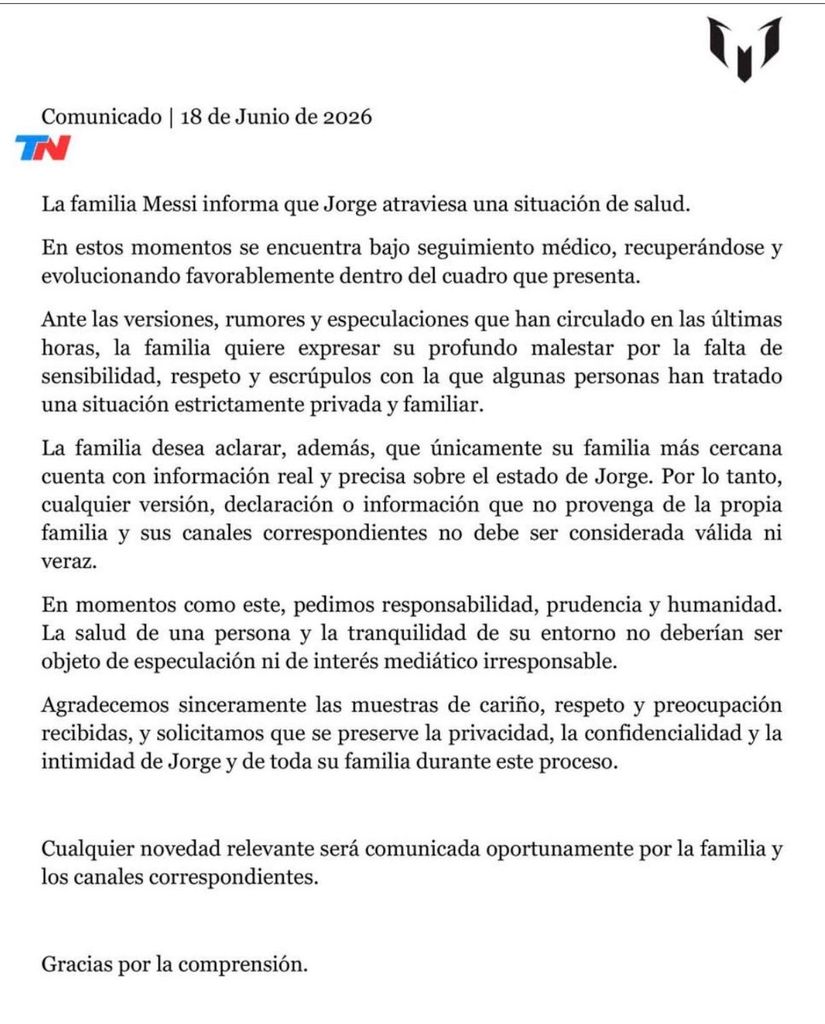 El comunicado con el que la familia de Lionel Messi pone fin a los rumores de salud de su padre, Jorge Messi