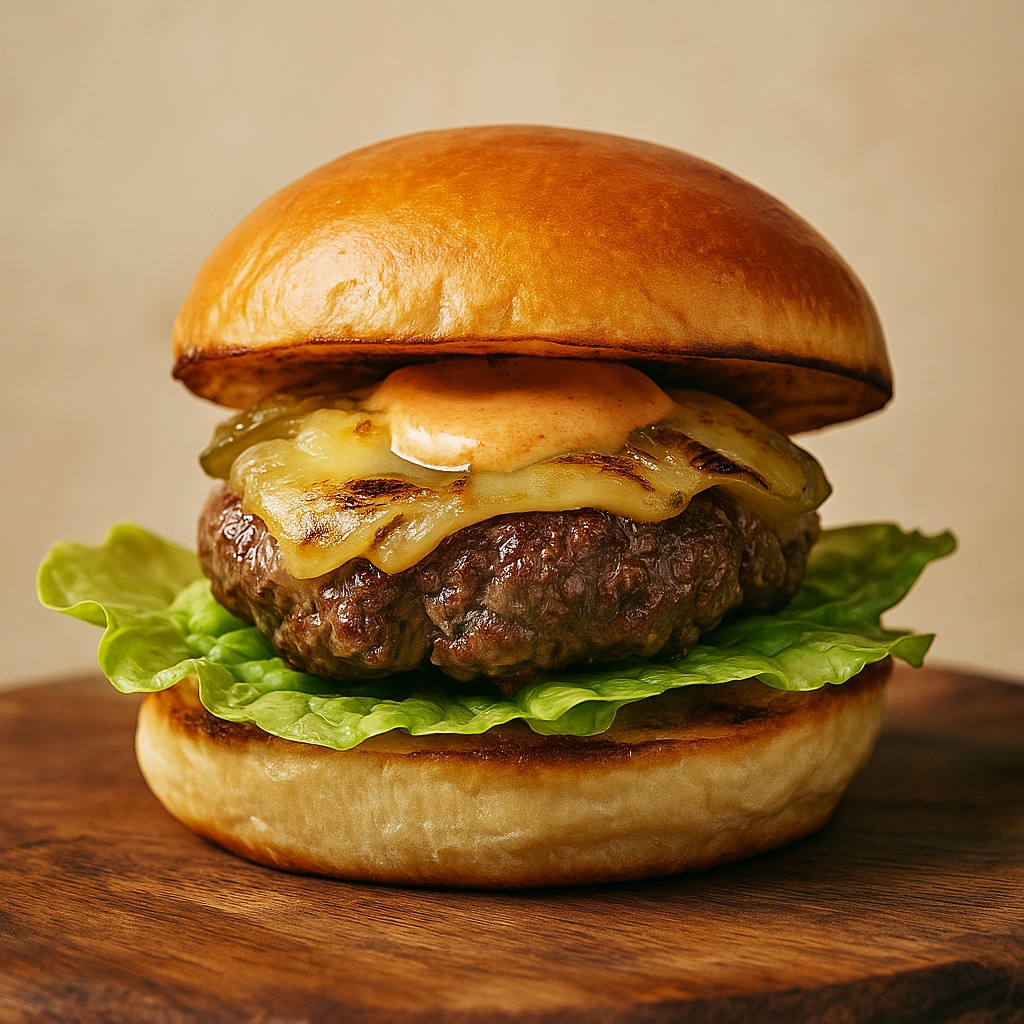 Hamburguesa de Waygu con papada ibérica confitada, queso cheddar madurado y una salsa secreta elaborada a partir de fermentados naturales.
