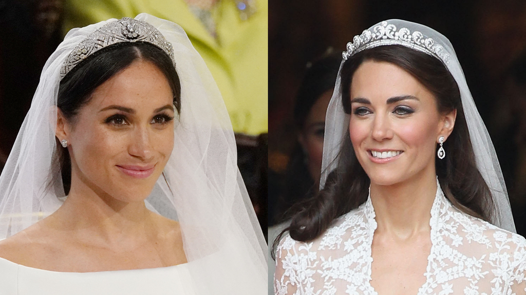 Kate Middleton el día de su boda hizo uso de la tiara 'Halo de Cartier', mientras que la duquesa de Sussex hizo uso de la tiara de diamantes de Mary de Teck