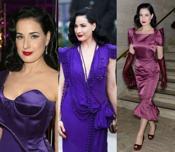 La más extravagante de todas nuestras novias con color fue Dita von Teese en su boda junto a Marilyn Manson en 2005, con un diseño morado. Un color que parece estar entre sus favoritos.
