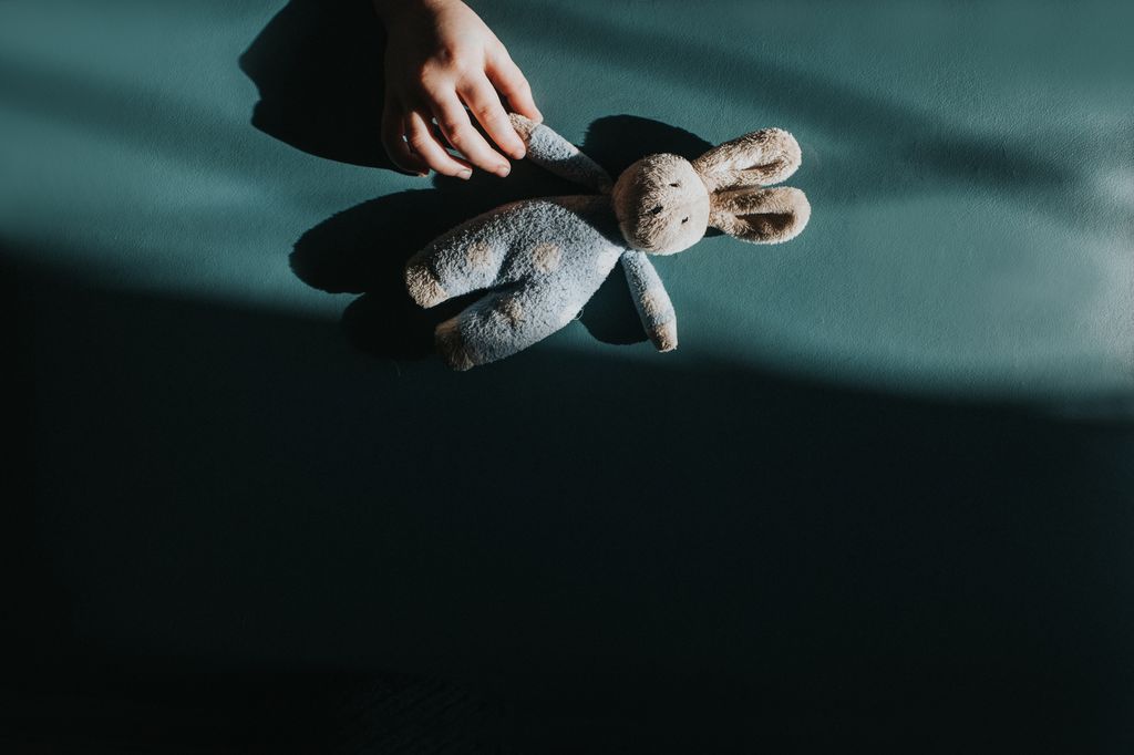 Mano de un niño sosteniendo un conejo de peluche