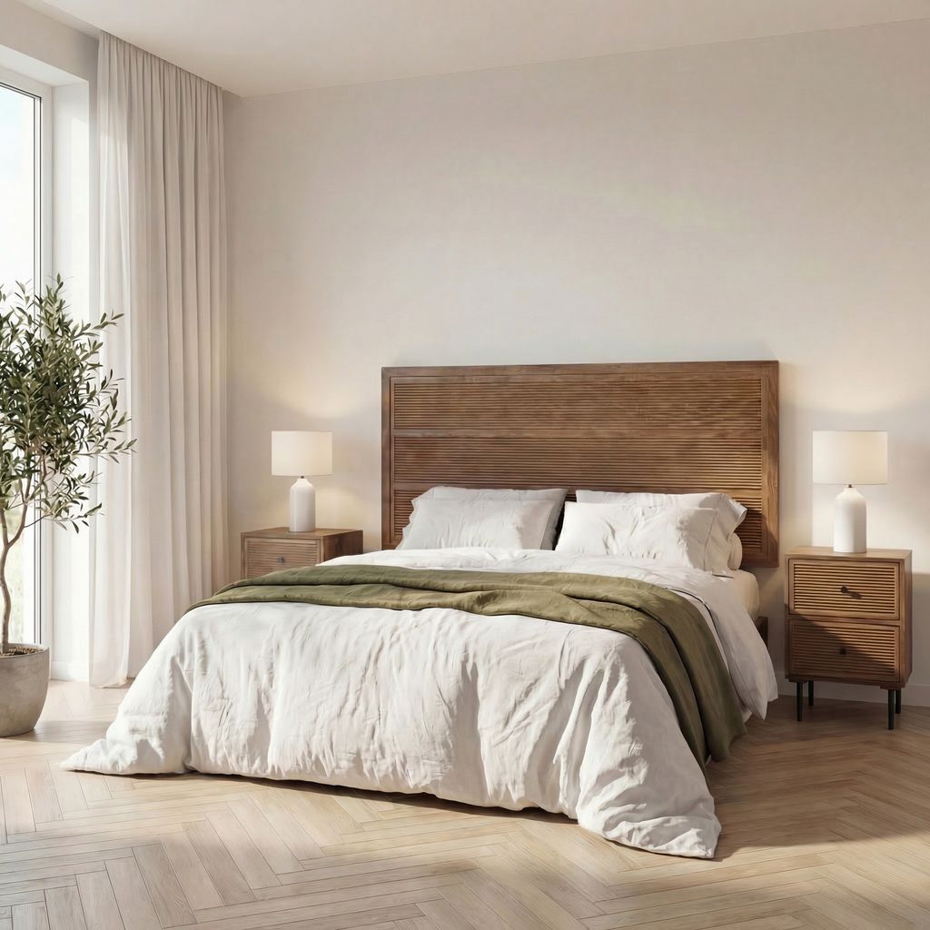 Dormitorio con cabecero y mesitas de noche en madera