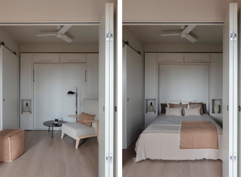Fotomontaje que muestra una estancia empleada como rincón de lectura y, abatiendo la cama doble, como dormitorio