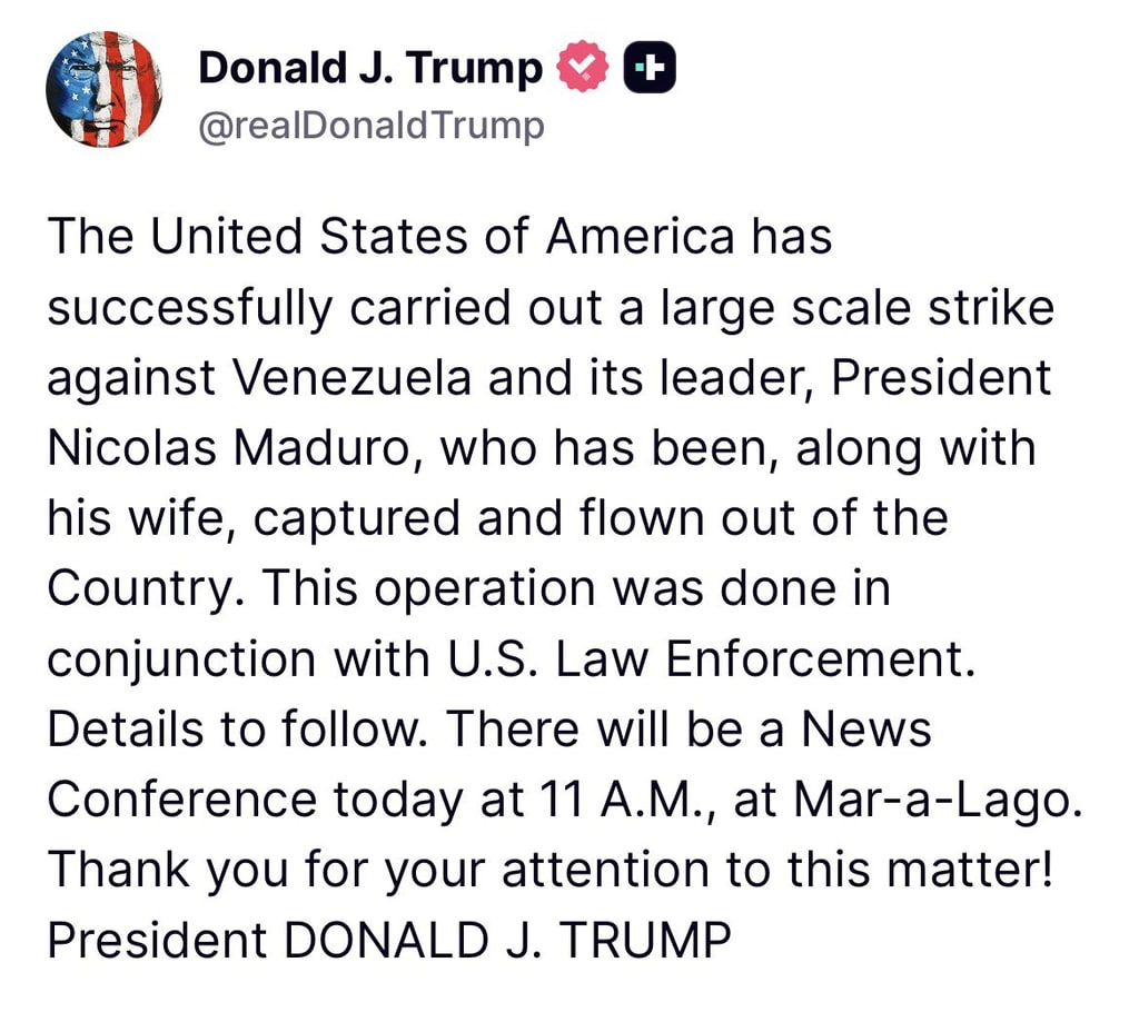 La publicación que Donald Trump ha compartido en Truth, confirmando la captura de Maduro y su mujer 