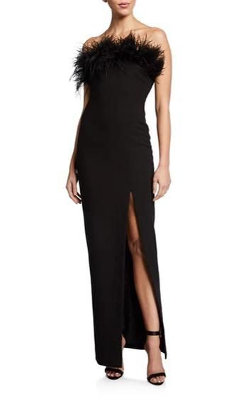 desi strapless column gown with feathers de likely