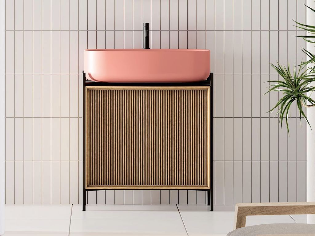 Mueble de lavabo en rosa y madera