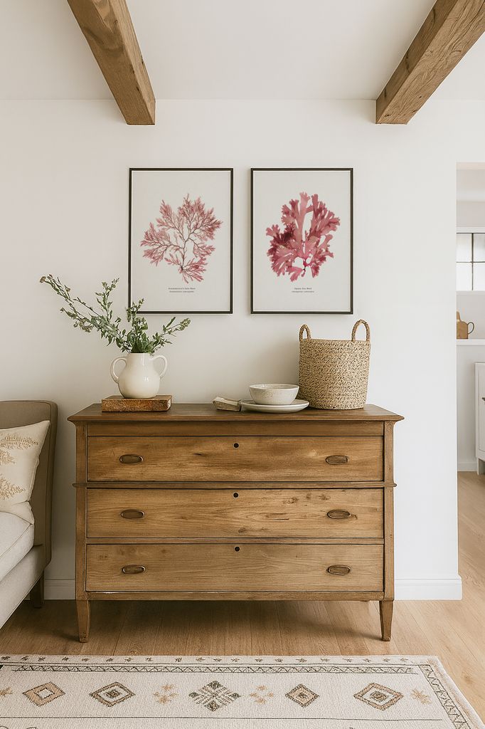 Cómoda de madera y pared decorada con dos láminas
