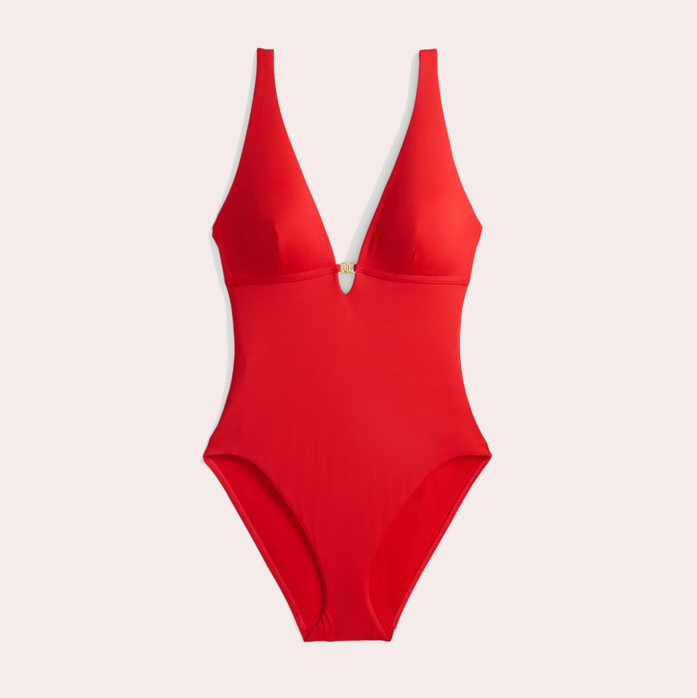 Bañador rojo con escote de pico y logotipo Ralph Lauren
