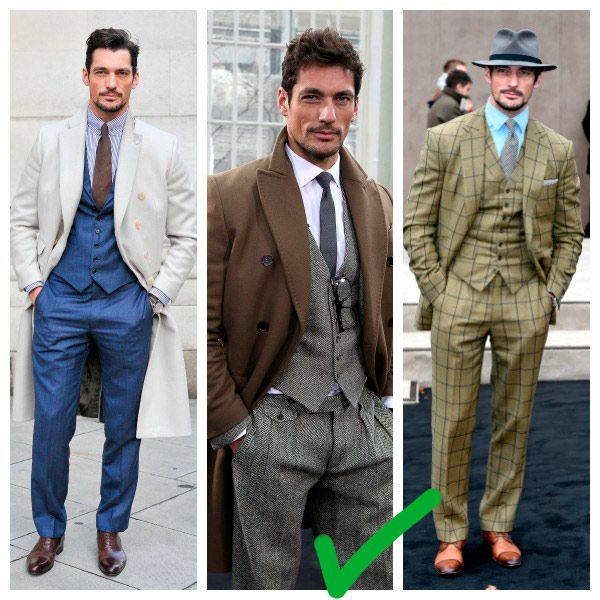 A David Gandy le falla el uso de los accesorios en este look, con un sombrero que no casa con el resto del traje. Las hechuras dispares de la americana y el chaleco, y el cuadro amplio, tampoco ayudan a mejorar el efecto final.
