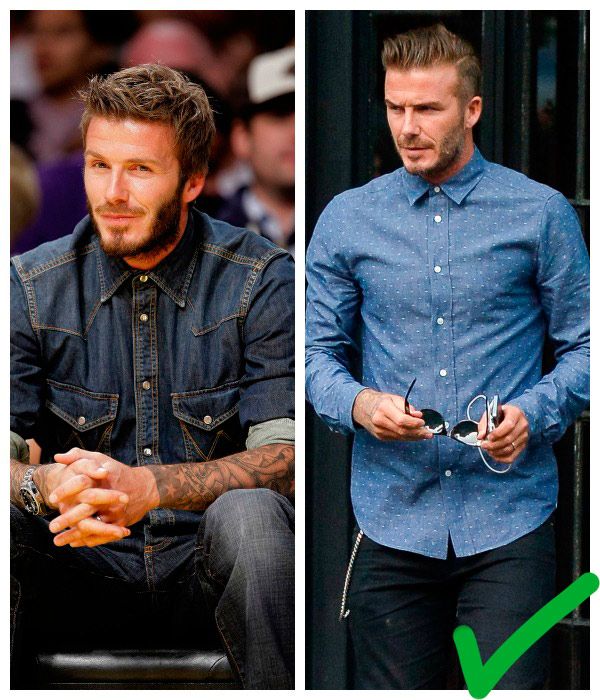 La manera correcta de llevar el total look denim: David Beckham, con camisa vaquera de topos en azul claro y pantalón muy oscuro.
