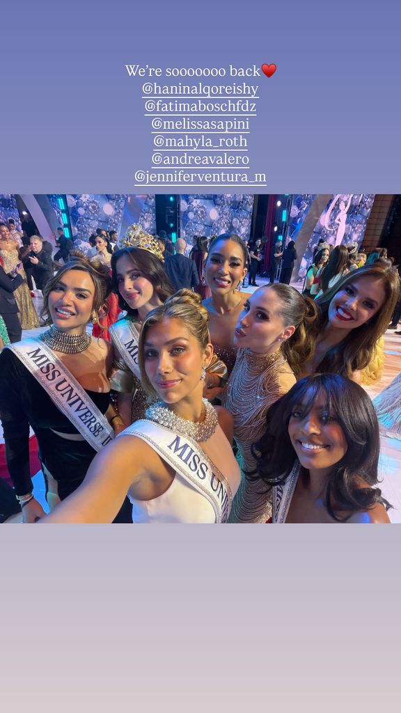 Fátima Bosch, Miss Universe 2025; Jennifer Ventura, Miss República Dominicana; Lina Luaces, Miss Cuba; Andrea Valero, Miss España; Hanin Al Qoreishy, Miss Irak; Melissa Sapin, Miss Haiti; y Mahyla Roth, Miss Costa Rica se volvieron a reunir luego de ocho meses de haber participado por la corona