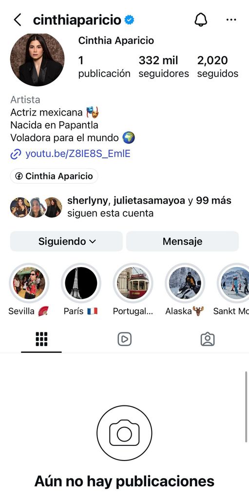 Así luce la cuenta de Cinthia Aparicio; sin publicaciones.