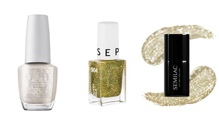 De izquierda a derecha, Nature Strong en el tono Glowing Places, de OPI (19,40 euros); Nail Polish en el tono 904 Glitzy gilt, de Sephora Collection (4,99 euros); y Esmalte semipermanente en el tono 260 Platinum Light Gold, de Semilac (10,99 euros). 