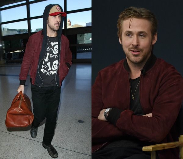 Ryan Gosling ha repetido con la misma bomber, en azul y granate, varias veces en un solo mes. ©Getty Images
